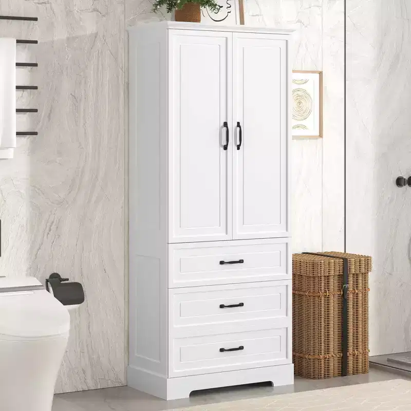 Modern Tall Bathroom Storage Cabinet with Adjustable Shelves & Drawers, Freestanding Storage Organizer Kitchen Cupboard, White - ModernLuxe