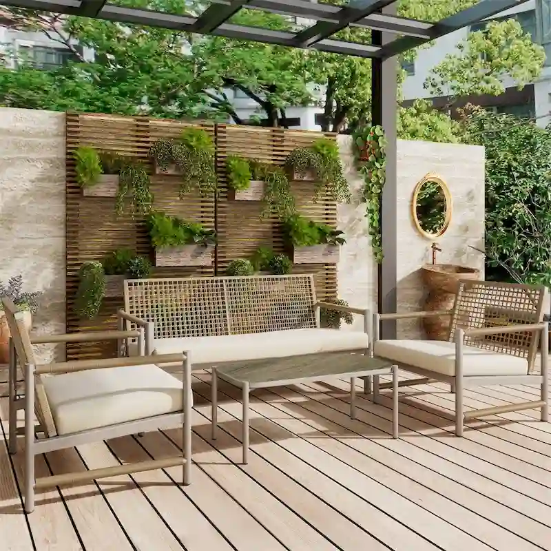 4 Pieces PE Rattan Wicker Outdoor Sofa Set w/ Washable Cushion