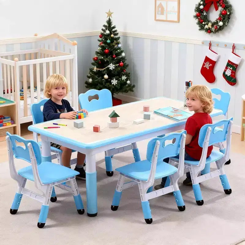 Kids Table and Chair Set,Height Adjustable Toddler Arts&Crafts Table and 6 Chair Set for 2-10,Max 300lbs Kids Activity Art Table for Classroom,Home