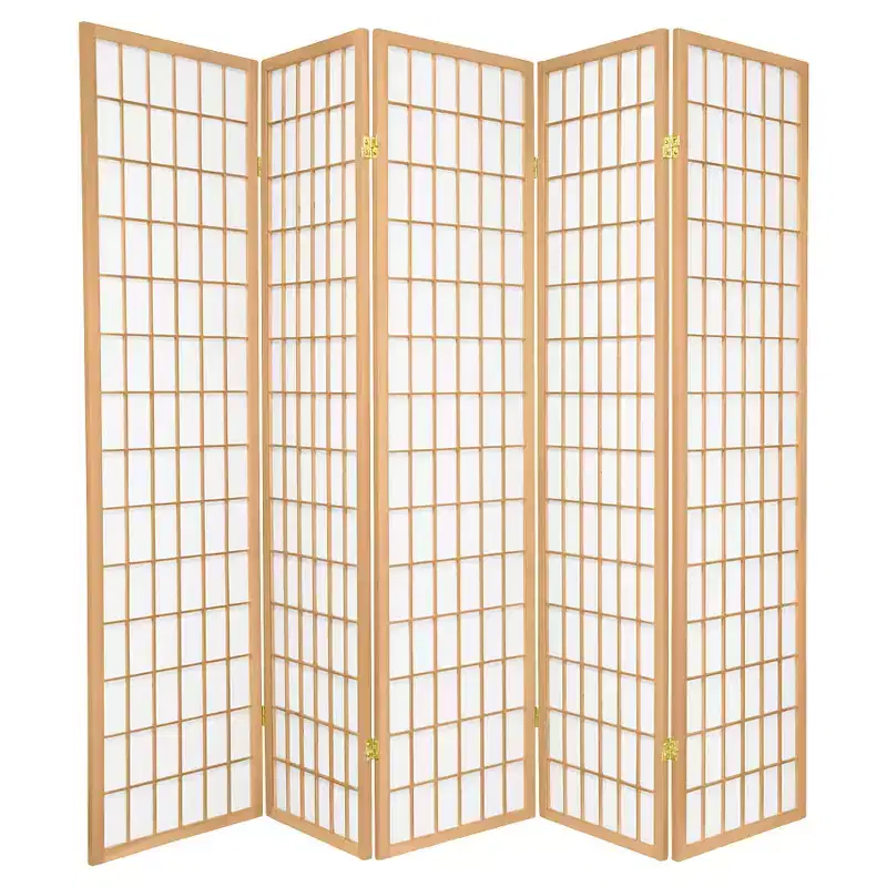 Oriental Furniture 6 ft. Tall Window Pane Shoji Screen - Natural (5 Panels): Hardwood Frame, No Assembly Required