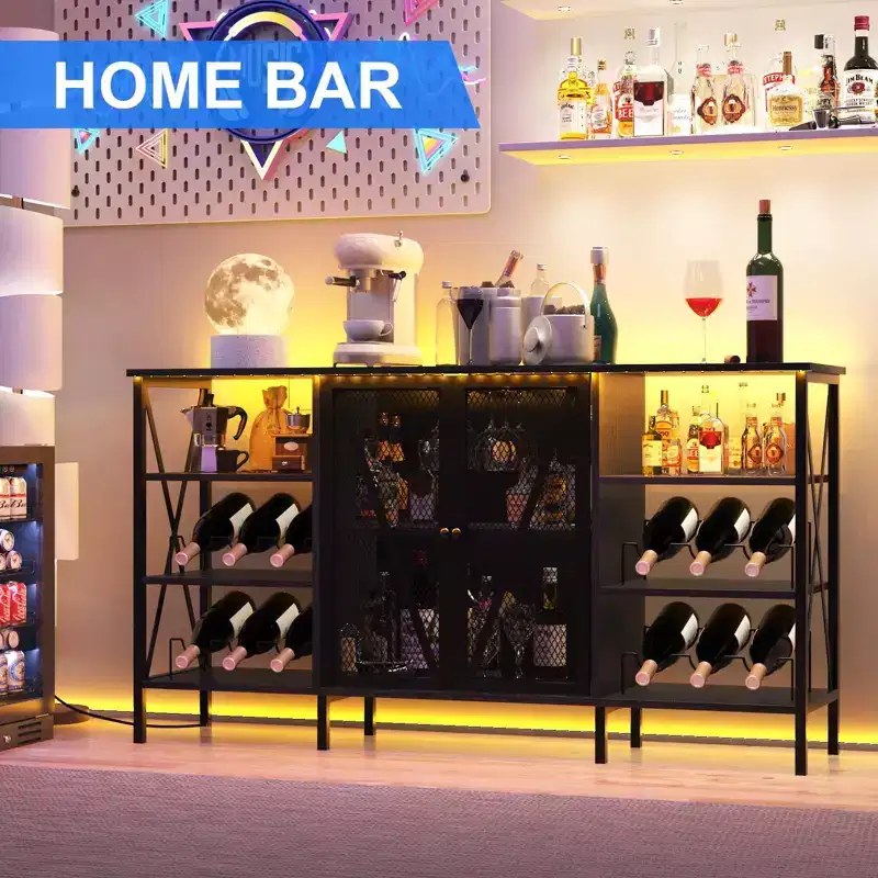 Farmhouse Wine Bar Cabinet, Industrial Coffee Bar Sideboard with Wine Rack and Glass Holder