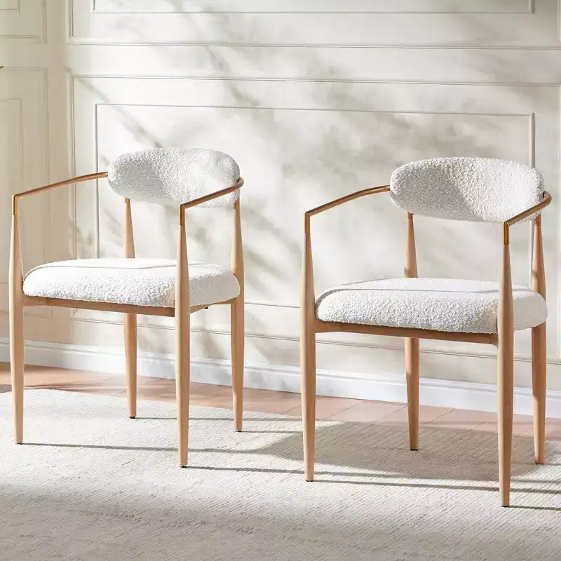 Set of 2 Boucle Dining Armchairs with Wood-Grain Metal Legs, Tufted Curved Back, 330 lb