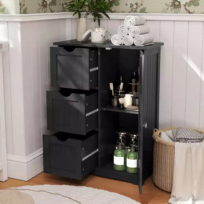 Costway Bathroom Floor Cabinet Side Storage Cabinet with 3 Drawers and 1 Cupboard Grey\ Black