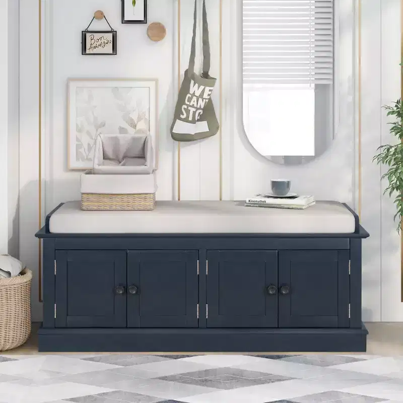 Whisen Classic Style Storage Bench with 4-Doors and Adjustable Shelves