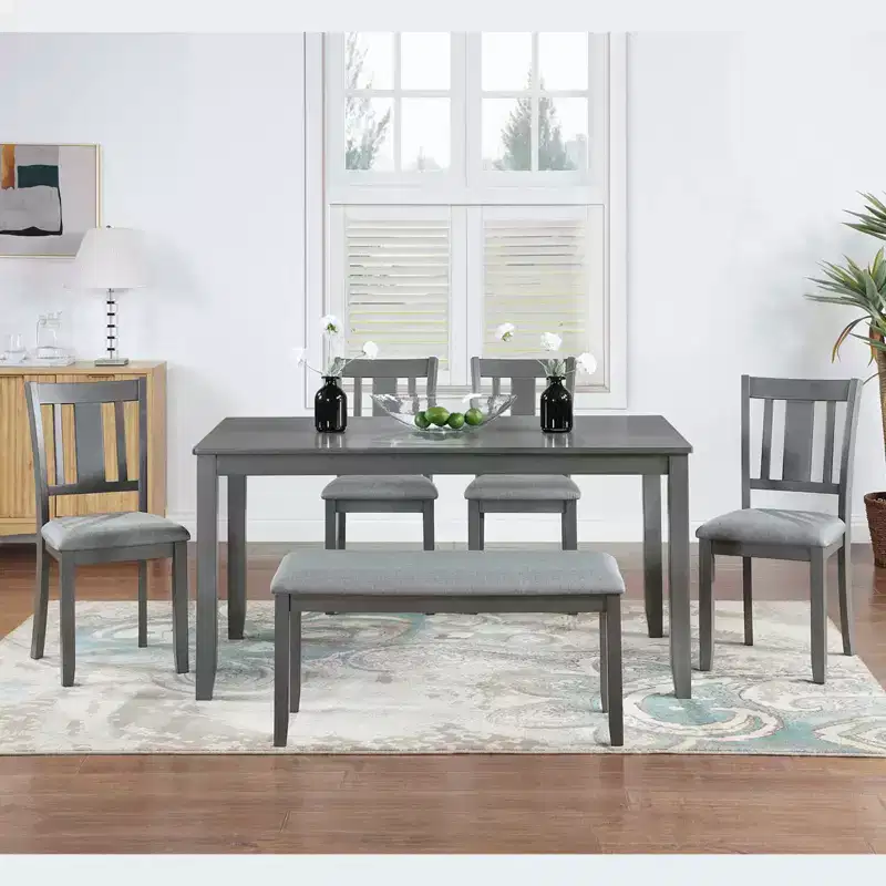 MAYEERTY 6-Piece Dining Set for 6, Wooden Rectangular Table + 4 Upholstered Chairs & Bench, Gray