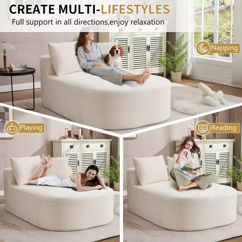 Oversized Corduroy Upholstered Chaise Lounge Chair with 46 Wide Seat, Comfy Sleeper Sofa with Pillows for Living Room or Bedroom-Panipeachy