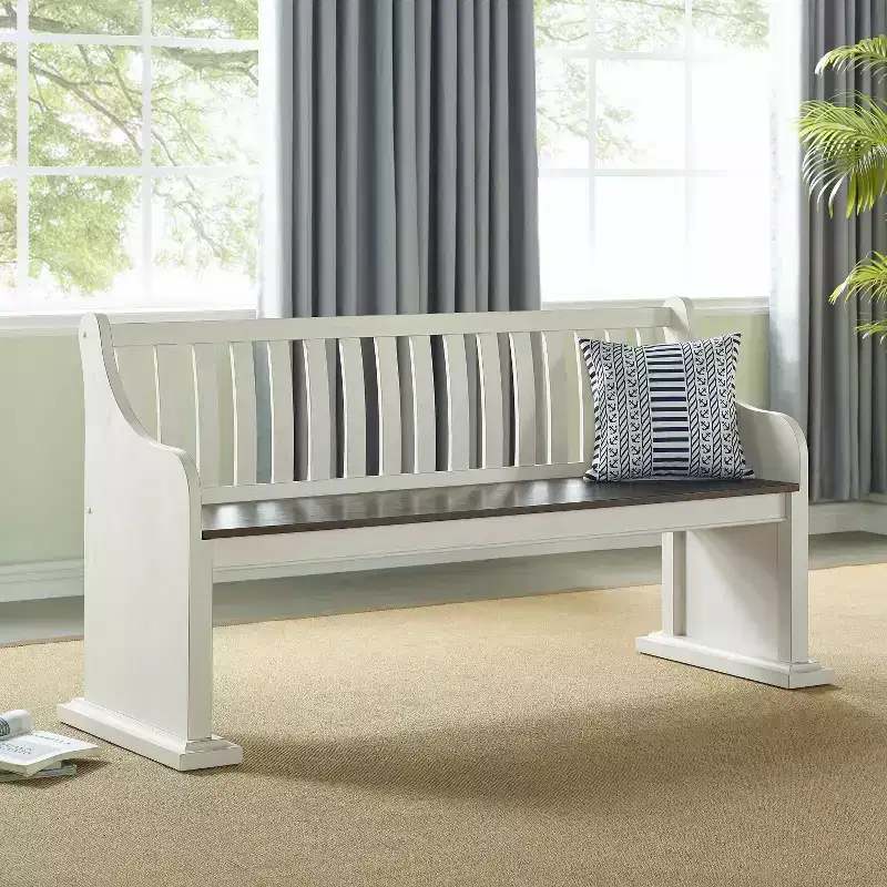 18" Joanna Bench with Back Dark Brown/Ivory - Steve Silver Co.: Farmhouse Style, Hardwood Frame, Two-Tone Finish, 2-Seater