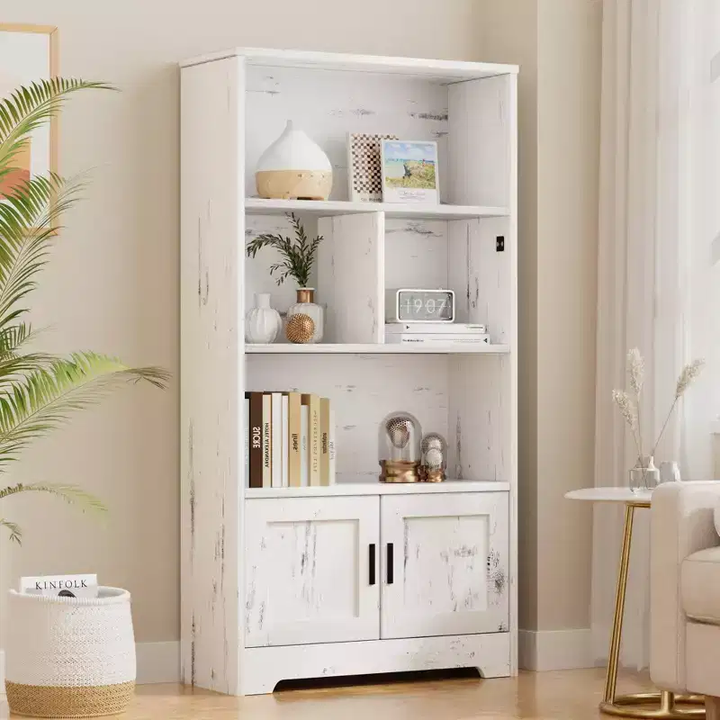 Modern Storage Rack 4 Shelf Standing Bookshelves with Light,White Tall Bookcase with Doors and Shelves,Bookshelf with Storage Cabinets for Living