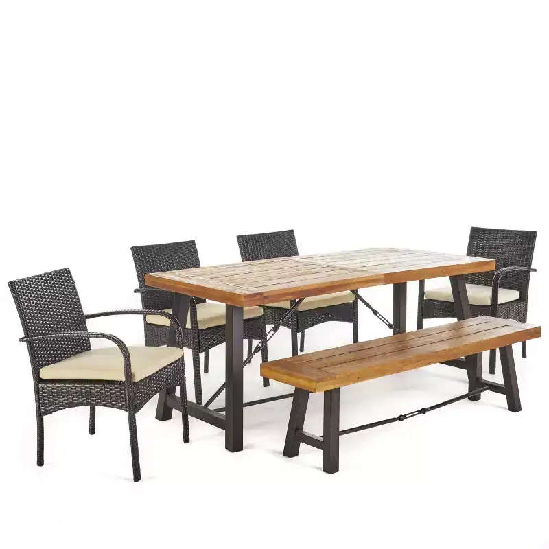 Christopher Knight Home Betsys Outdoor Acacia Wood and Wicker 6 Piece Dining Set with Bench, Teak/Multibrown