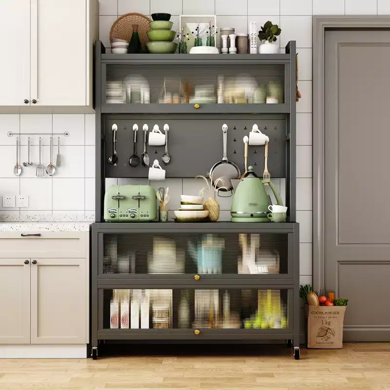 65 Tall Kitchen Bakers Rack with Flip Door Cabinet, 5-Tier Microwave Stand, Coffee Bar, Grey