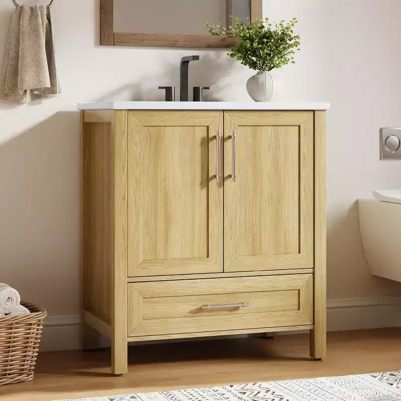 30 Bathroom Vanity with Sink & Soft-Closing Doors - Freestanding Storage Cabinet in Natural Wood
