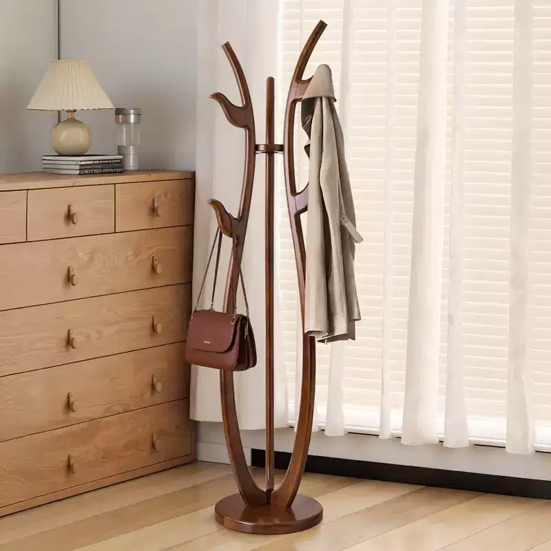 Bekrvio S-shaped Creative Freestanding Coat Rack Solid Wood Coat Tree with 6 Hooks and Sturdy Round Base, Coat Stands for Coats, Hats & Bags