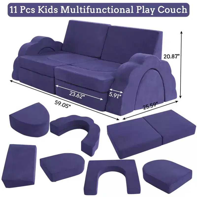11-piece modular children's play sofa set, children's sectional sofa, suitable for boys and girls, applicable to children's room and bedroom.