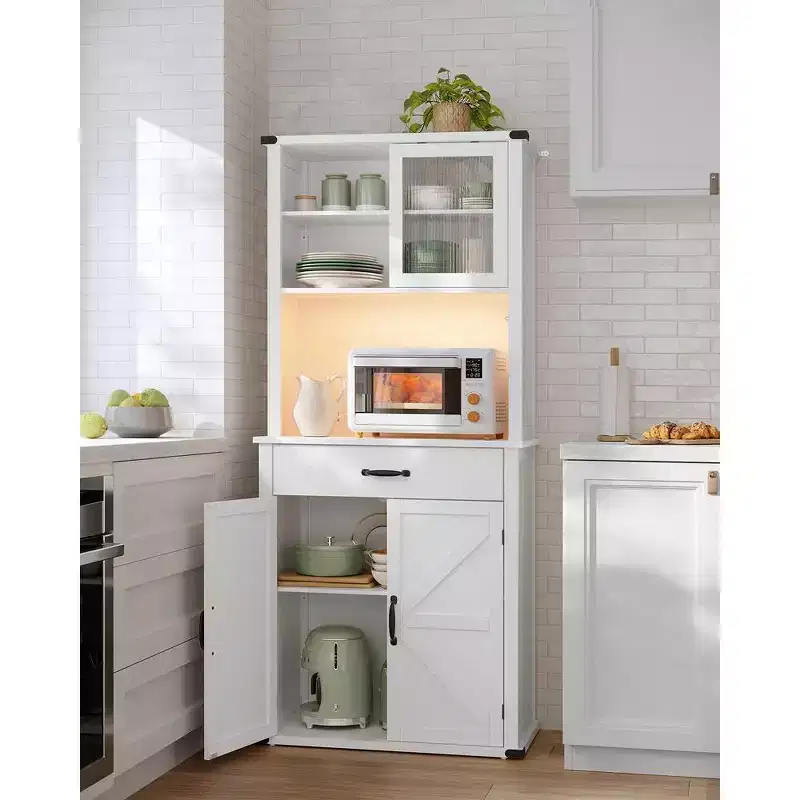 VASAGLE 71 Pantry Cabinet with Lights and Charging Station, Kitchen Pantry Cabinet,Farmhouse Storage Cabinet
