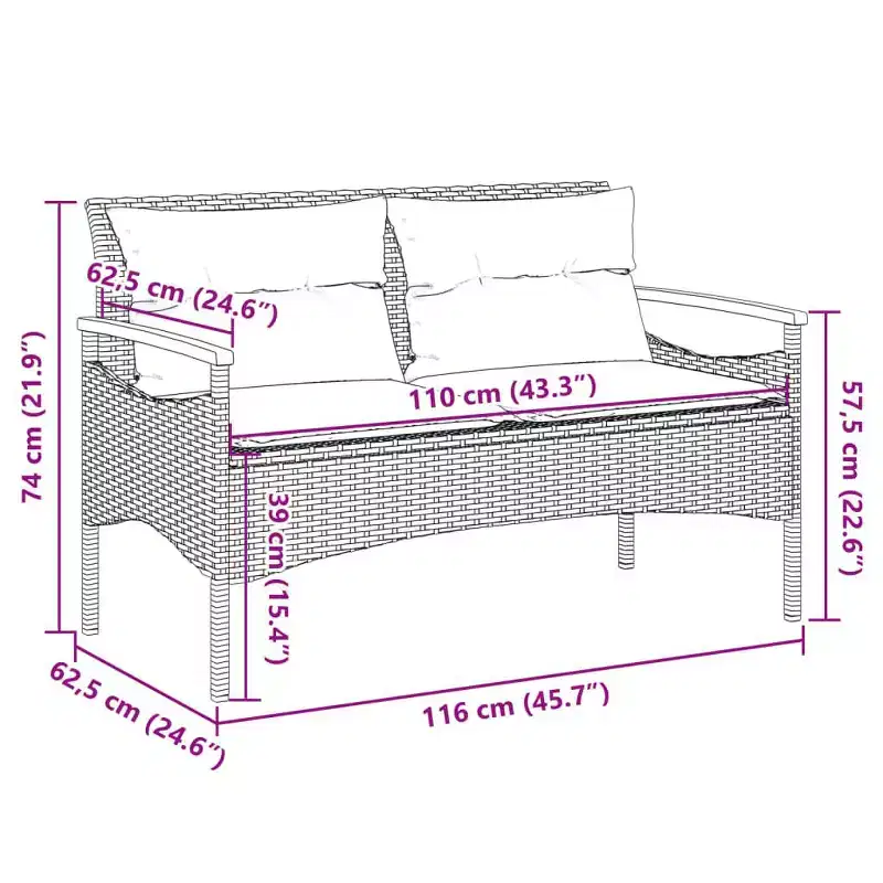 vidaXL Patio Bench with Cushions 45.7x24.6x29.1 Black Poly Rattan - Black