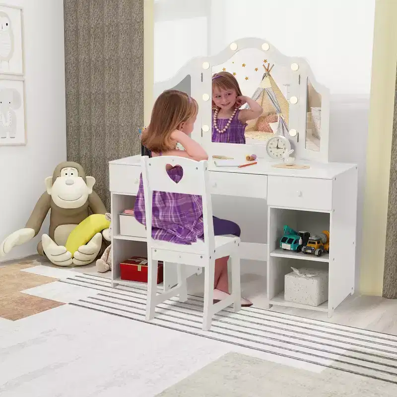 Kids Vanity with Lights, Princess Makeup Vanity Desk with Storage Cabinet Touch Light Detachable Tri-Folding Mirror, 2 in 1 Vanity Table, White