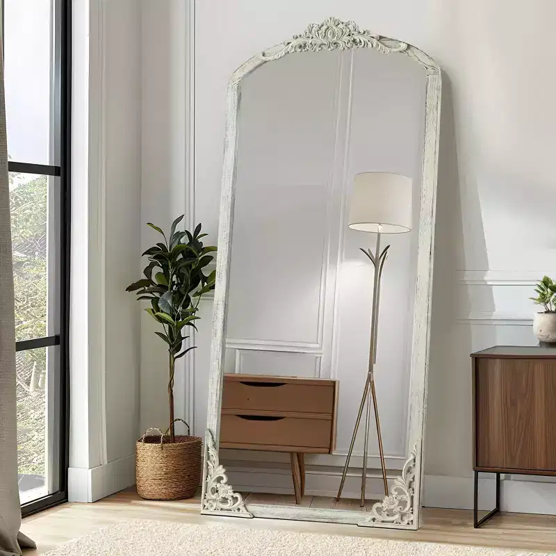 28 in. W x 67 in. H Rustic Arched Solid Wood Framed DIY Carved Full Length Mirror in Weathered White