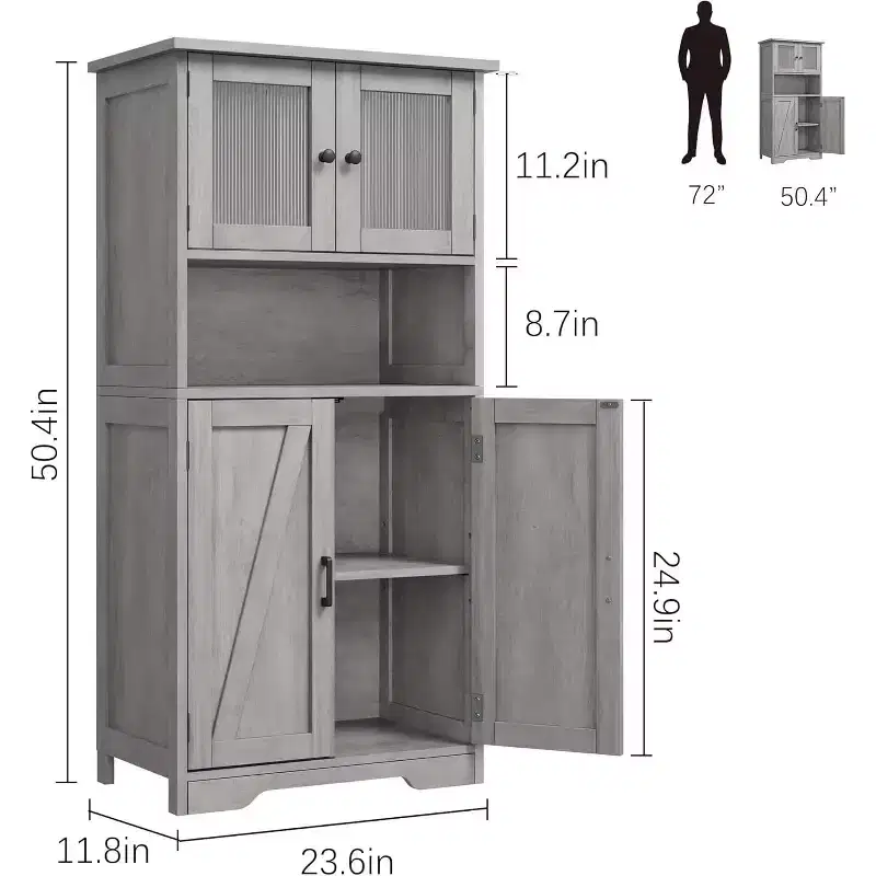 54 Inch Farmhouse Storage Cabinet with Glass Doors, Adjustable Shelves, Freestanding Pantry Cupboard for Kitchen, Bathroom, Living Room