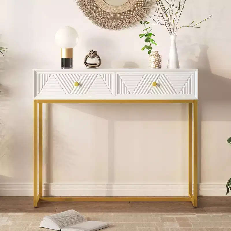 Modern Narrow Console Table with Storage 2 Drawers Stripe Design for Living Room Hallway White