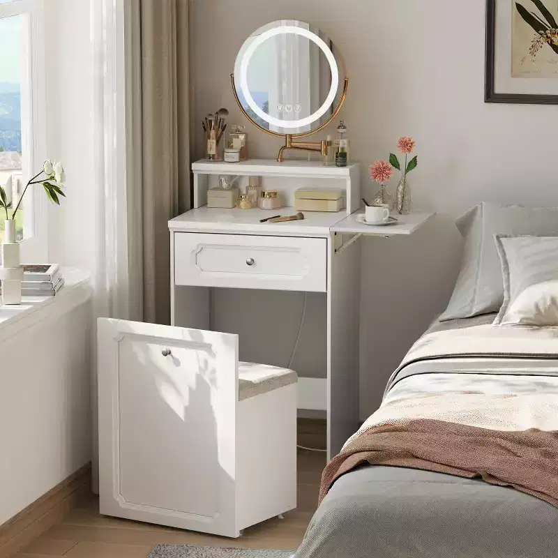 Compact Vanity Desk with Adjustable Lighted Mirror  Mini Makeup Desk, Storage Drawer & Chair for Bedroom or Small Spaces