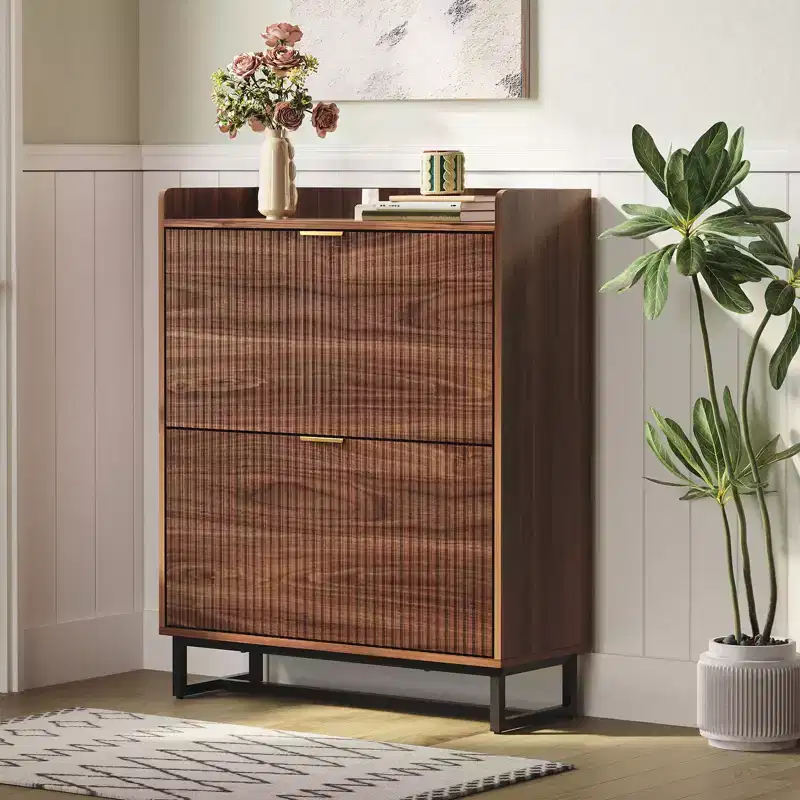 Narrow Shoe Storage Cabinet with 2 Flip Drawers, Wooden Hidden Shoe Rack Organizer for Entryway Hallway, Walnut