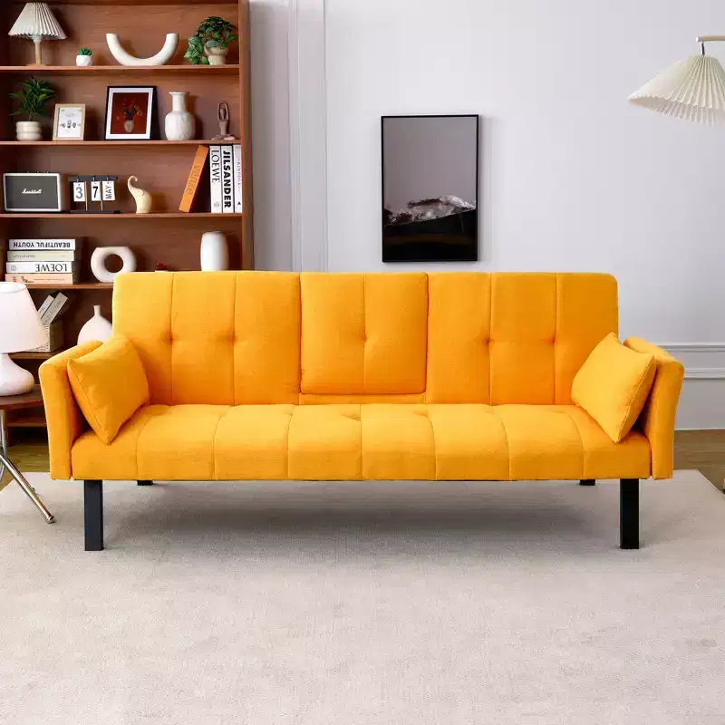 70 Inch Multifunctional Cotton Sofa Bed with Cup Holder Side Storage for Living Room Bedroom, Yellow