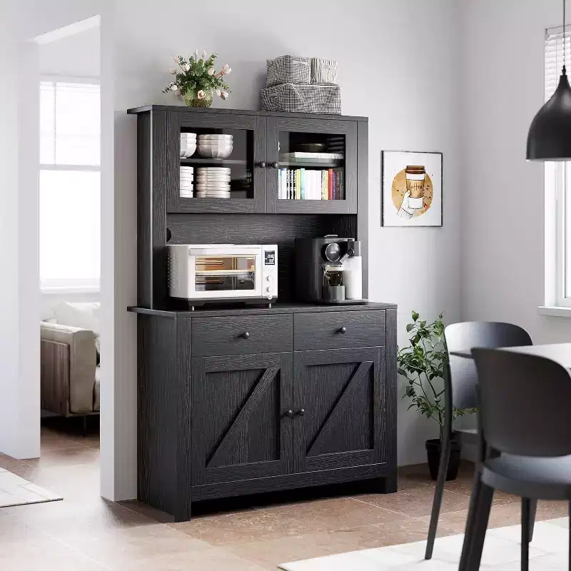 Kitchen Pantry Cabinet with Microwave Stand, Freestanding Hutch with Buffet Cupboard and Tall Storage