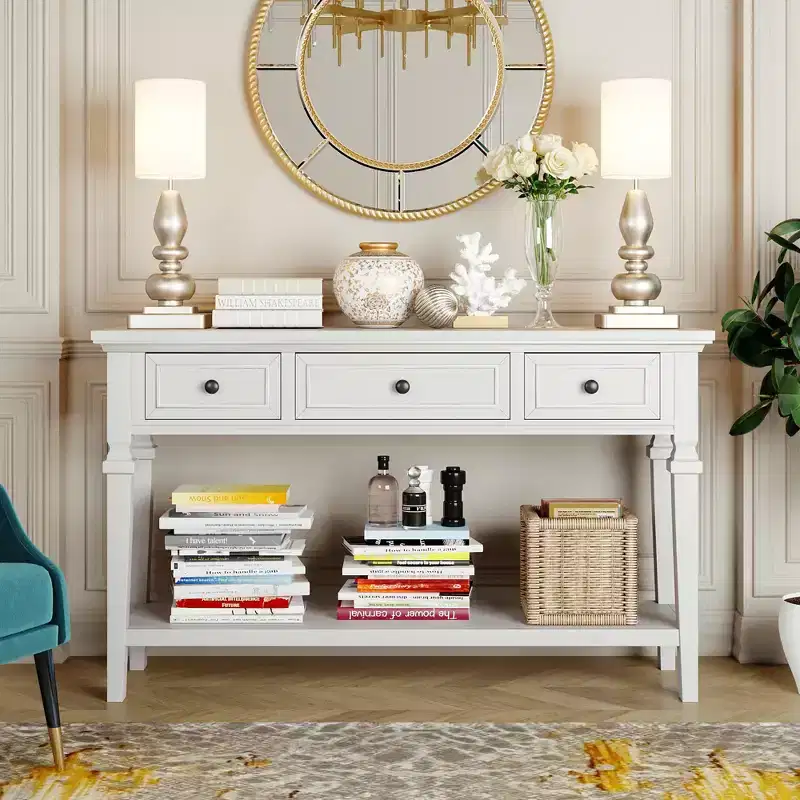 Vintage Console Table with Storage, Narrow Entryway Table with Drawers, Farmhouse Hallway Table with Open Shelf