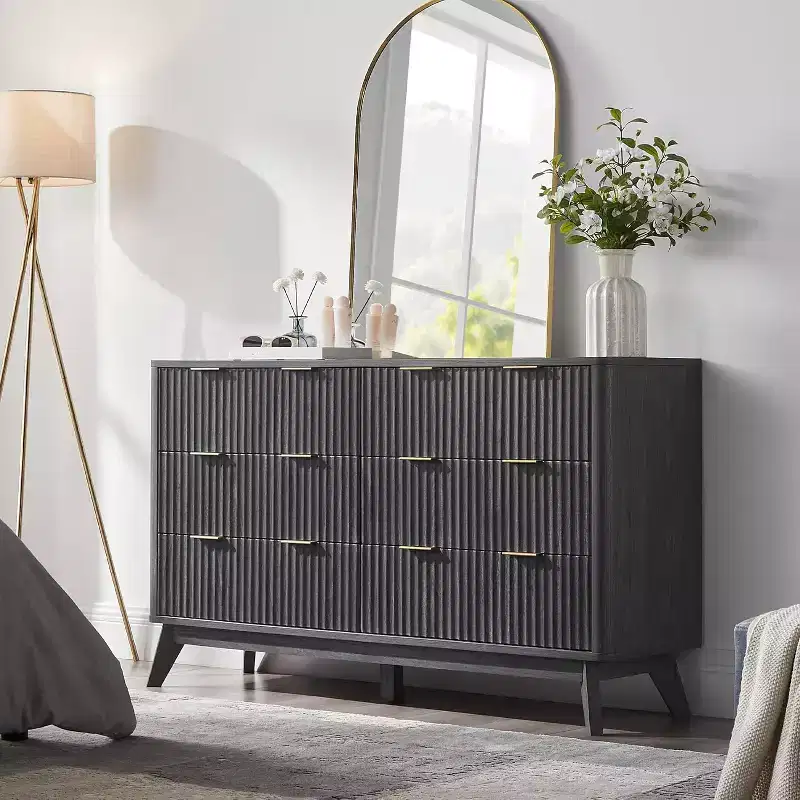 Fluted 6-Drawer Dresser with Metal Handles, Curved Profile, Wood Storage Organizer, 54W