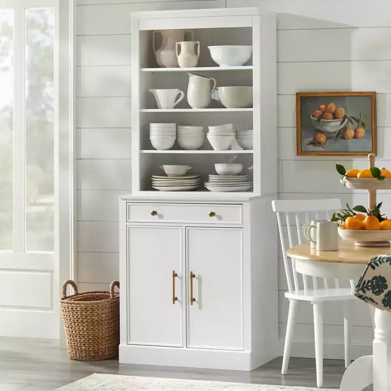 Lifestorey 2pc Monza Modular Cabinet and Hutch with Faux Marble Top White: Farmhouse Style, Faux Marble Top, Adjustable Shelves
