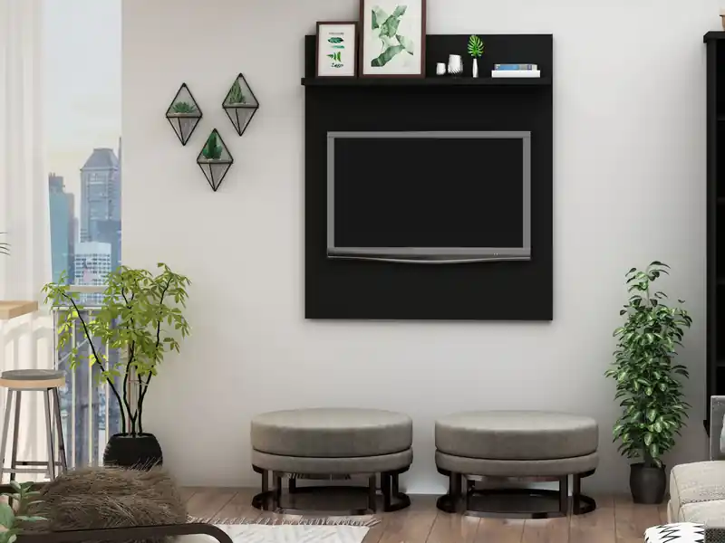 35.43 Mid-Century Modern TV Panel with Overhead Decor Shelf