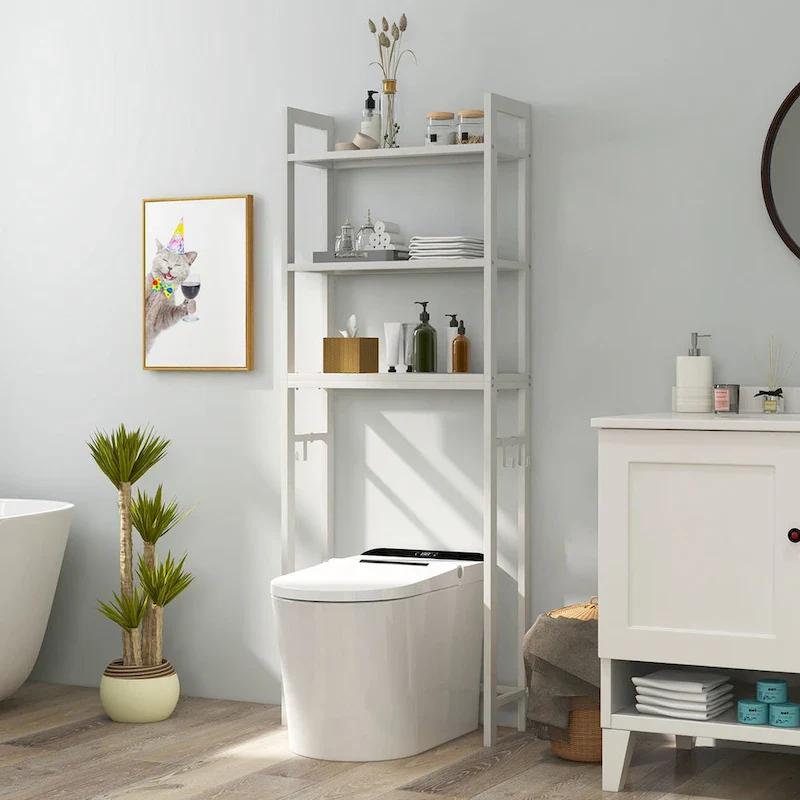 Over-The-Toilet Storage Shelf with 3 Shelves & 3 Hooks – Metal