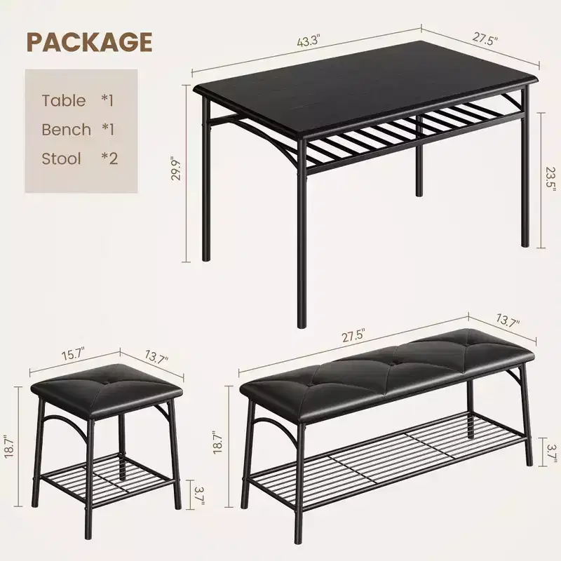 4 Piece Rectangular Kitchen Table Set, with 1 Upholstered Bench and 2 Square Stools