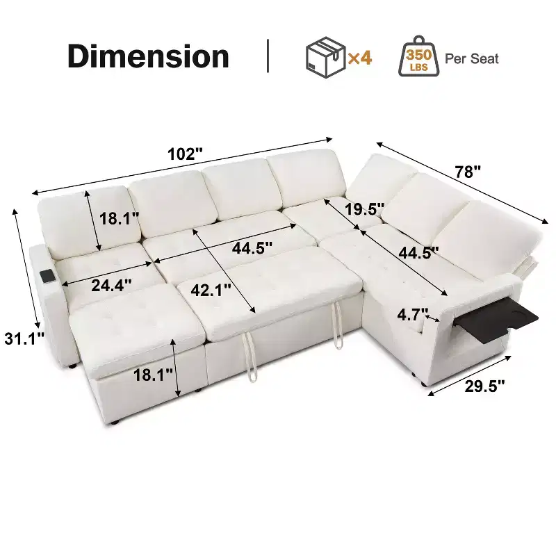Dyonery 7-Seat Modular Sectional Sleeper Sofa with Pull-Out Bed, Reclining Backrest, USB Ports, Table, LED Lights & Storage Seats