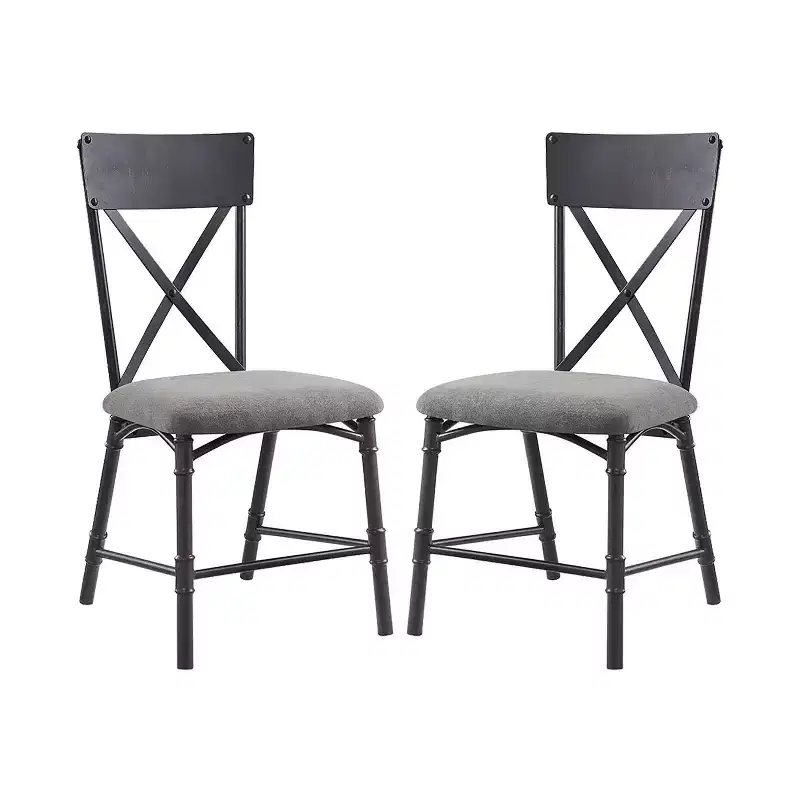 Simple Relax Set of 2 Fabric Upholstered Side Chairs with X-Shape Backrest in Gray and Sandy Black