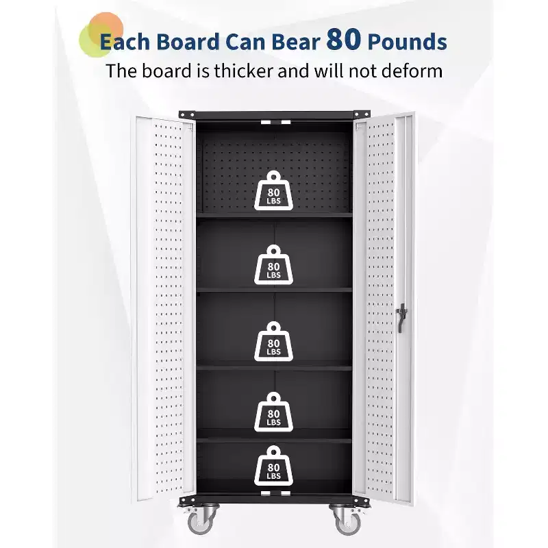 Steel Rolling Tool Cabinet with Lock | Heavy-Duty Garage Storage w/ 4 Adjustable Shelves & Pegboard