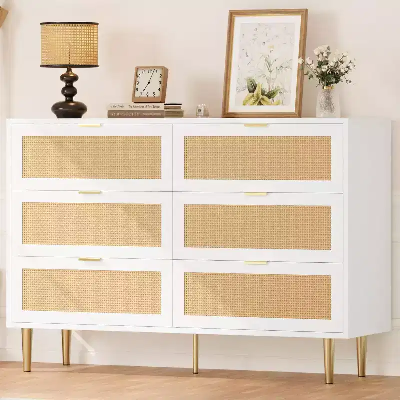 Rattan 6-Drawer Storage Chest with Gold Legs & Handles, Wide Cabinet with Large Tabletop, Anti-Tip, for Bedroom or Living Room