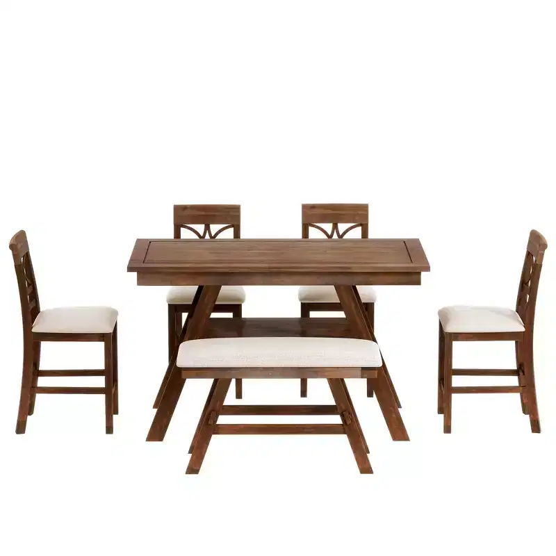 Whisen Rustic 6-Piece Counter Height Dining Table Set with Bench and 4 Upholstered Chairs