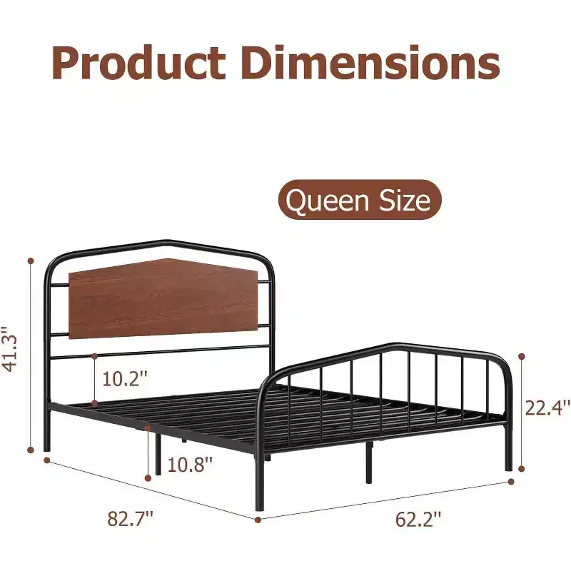 Queen Size Bed Frame, Heavy Duty Metal Platform, Wooden Headboard and Footboard, Large Under Bed Storage, Noise Free, No Box Spring Needed, Walnut