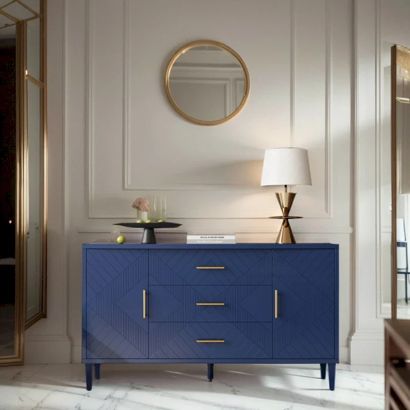 2-Door 3-Drawer Carved Sideboard Cabinet – Navy Blue / Blue, MDF, Curved Top