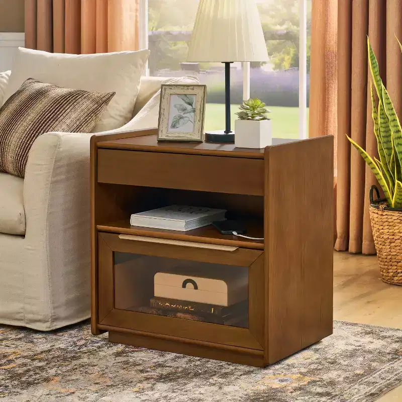 Open Shelving and Glass Drawer Dressing Table with Charging Dock, Socket, and 2 Drawers; Living Room/Reception Room/Dormitory Side Cabinet.