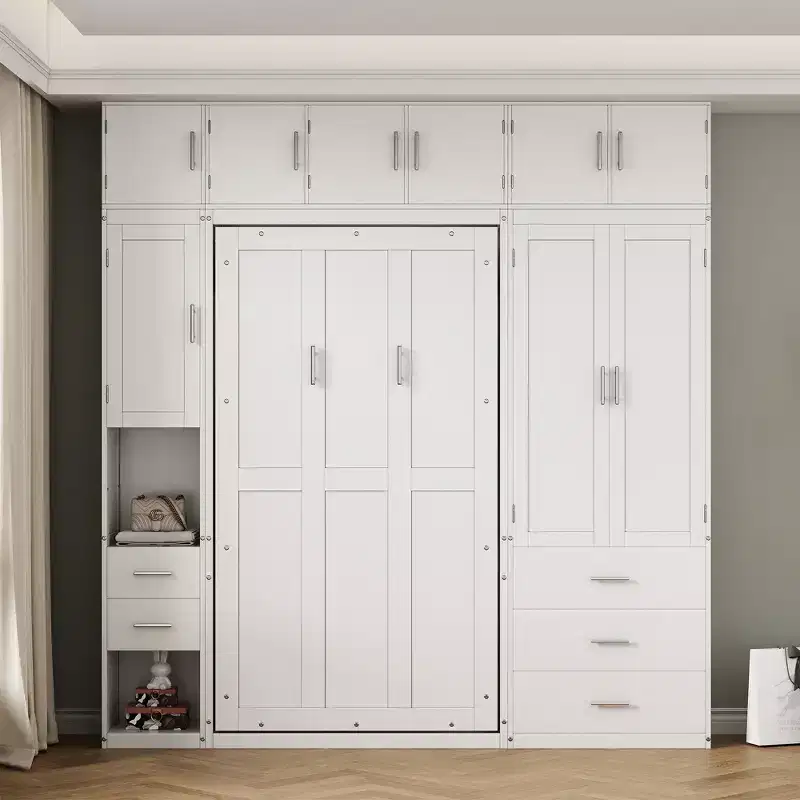 Murphy Bed Cabinet with Lockers and Storage Wardrobes Shelves, Wood Foldable Hidden Wall Platform Bedframe Chest, White