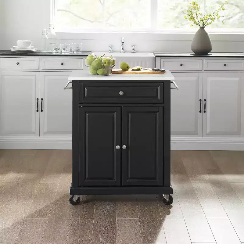 Compact Granite Top Kitchen Cart Black/White - Crosley: Solid Wood, Adjustable Shelf, Towel Bar