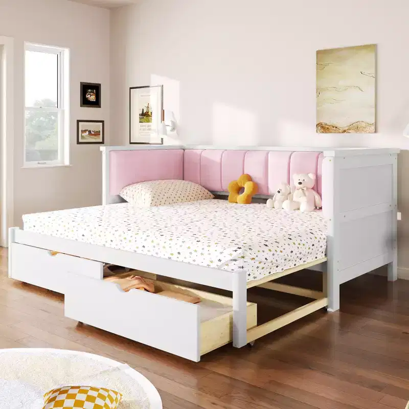 ModernLuxe Twin XL to King Size Expandable Daybed with 2 Drawers, Upholstered Backrest Platform Bed with Pull-Out Trundle, White+Pink