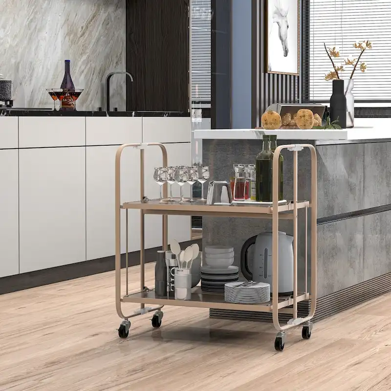 2-Tier Mobile Serving Cart with Tempered Glass Shelf-Golden - 26 x 16 x 28.5