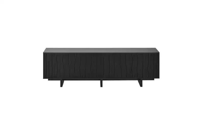 VIYET 69.6Retro Wood Grain TV Stand for TVs up to 75, Rustic Media Console w/ Wavy Doors & Cable Management, Black