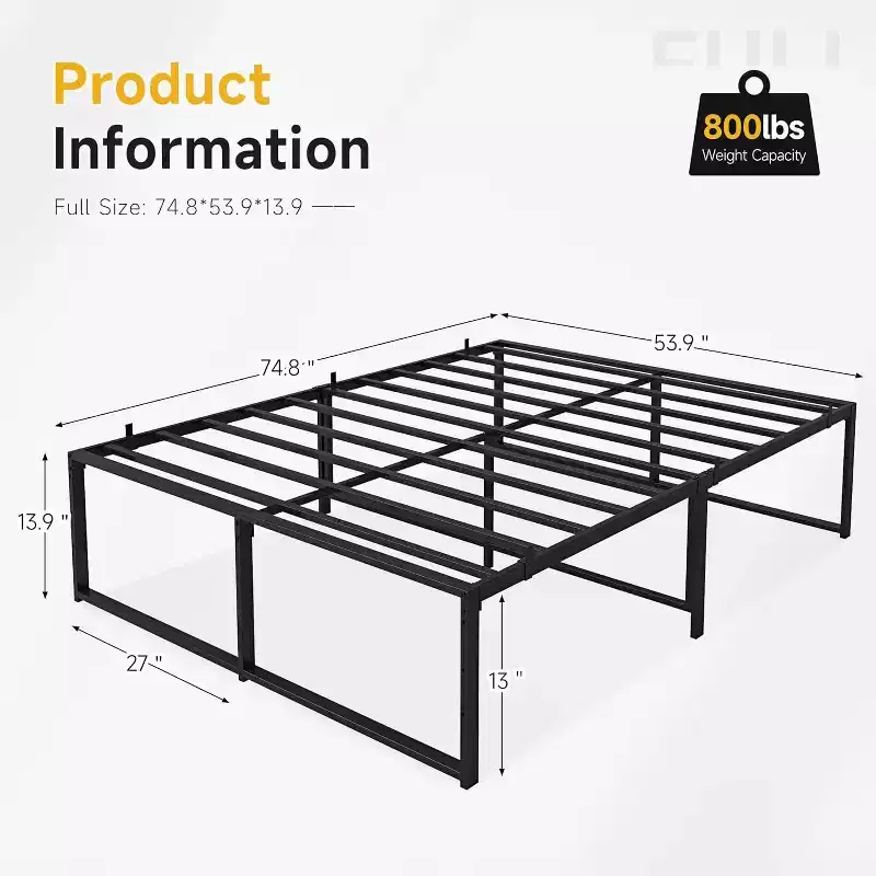 14 Inch Metal Full Bed Frame, Heavy Duty Platform, Sturdy Steel Slats, Mattress Foundation, No Box Spring Needed, Easy Assembly, Noise Free, Black