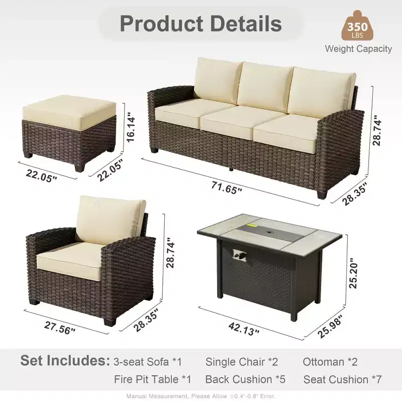 HOMLUX 4-Season Outdoor Sofa Set 3+2+2 Seating with Firepit Weatherproof Patio Furniture for Garden