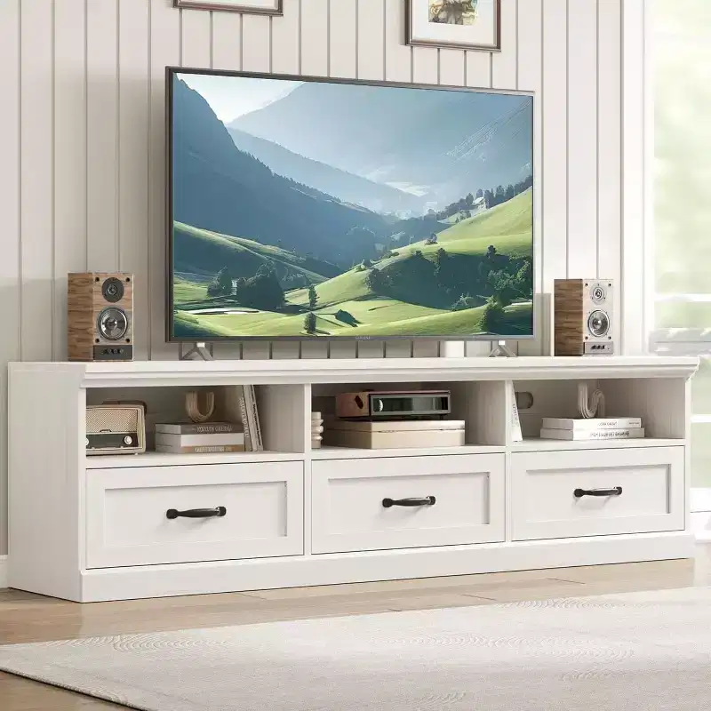 70-Inch Mid-Century TV Stand with Drawers and Open Shelves