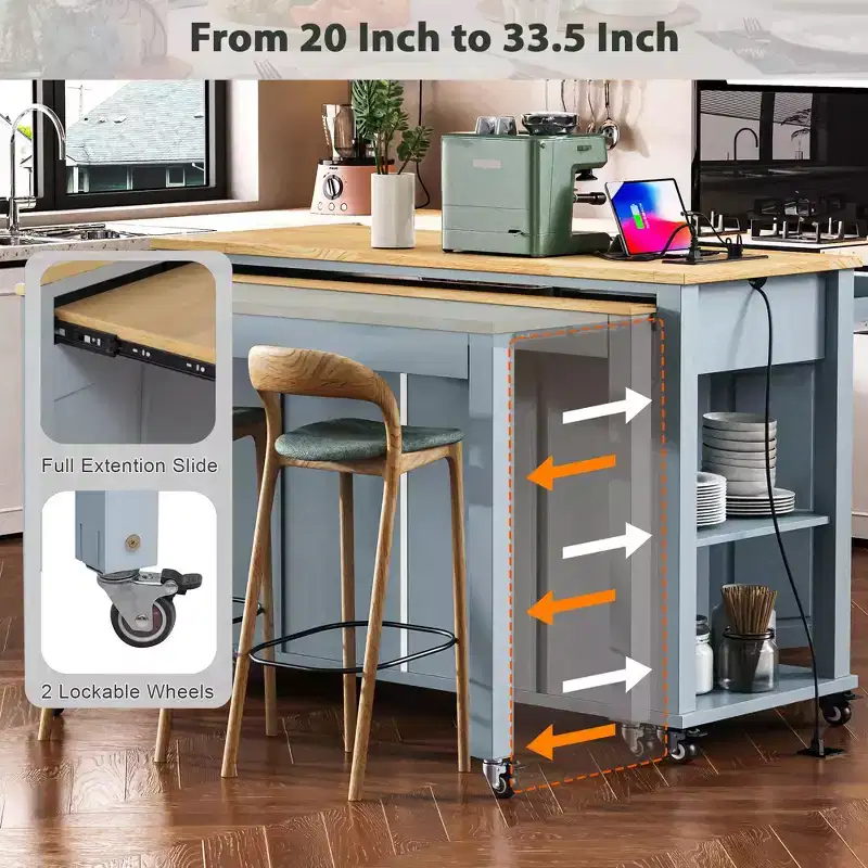 47 Kitchen Island with Extendable Dining Table Rubber Wood Veneer Kitchen Table with Storage Rack & Power Outlet & 2 Drawers 2 Cabinet Blue